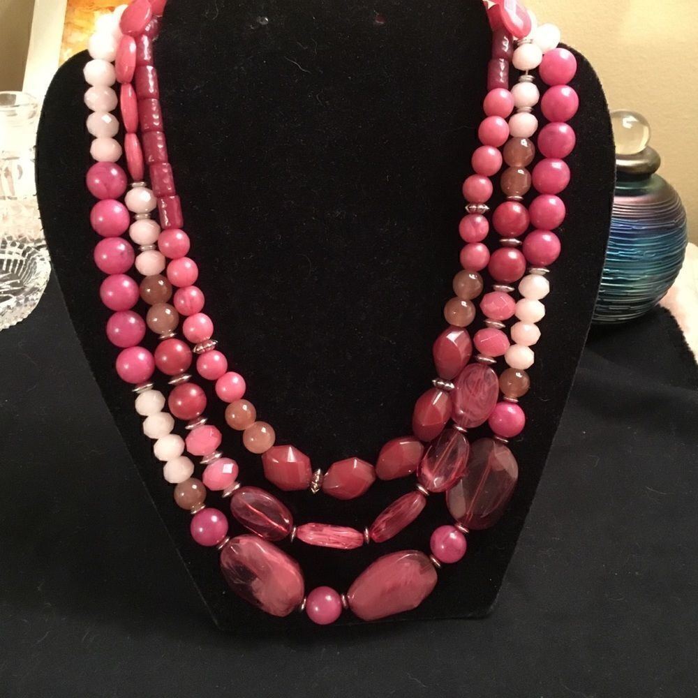 Blush and Pinks 3 Strand Necklace with Silvertone Hardware